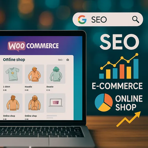 A digital illustration showcasing WooCommerce SEO optimization for an online store.