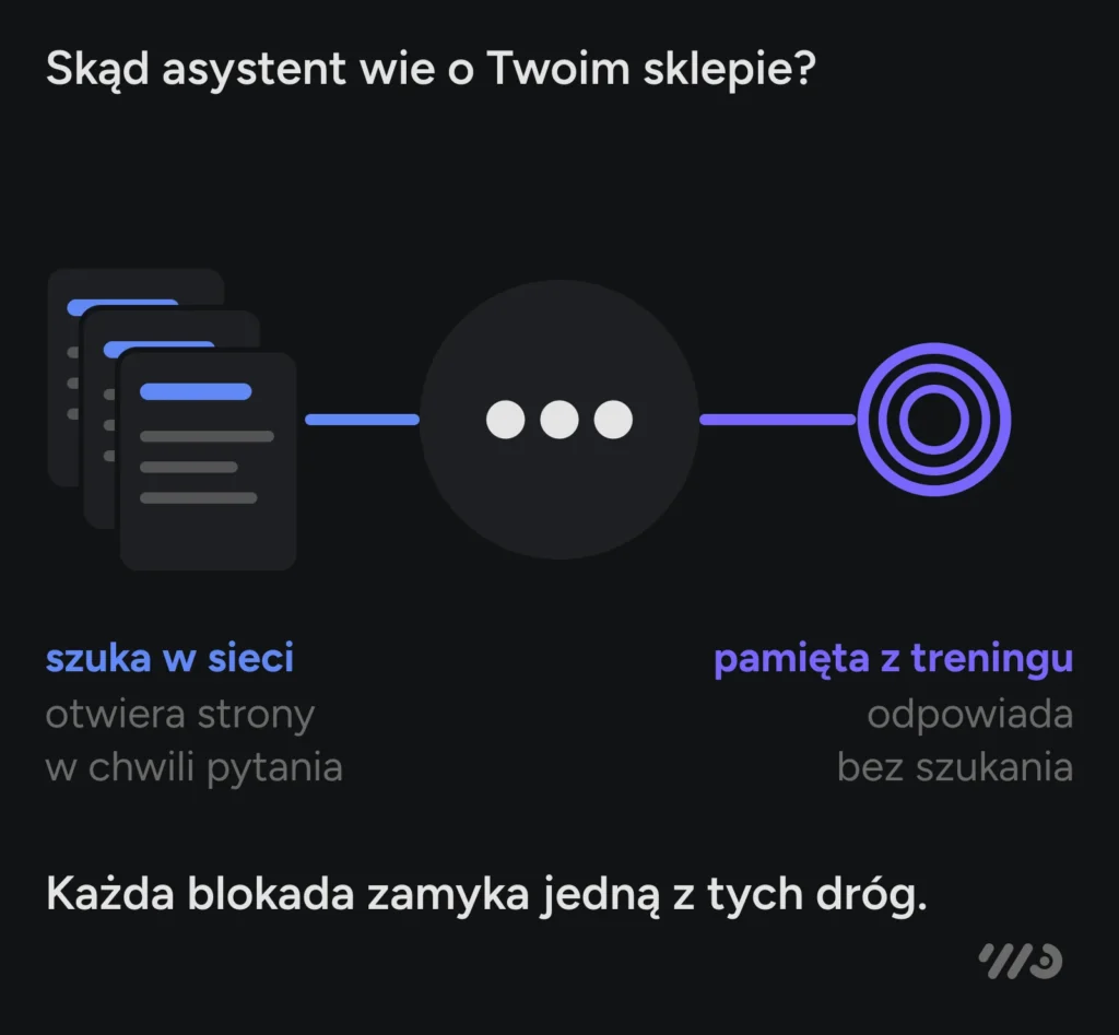 Asystent wie o sklepie z dwóch dróg: szuka w sieci, czyli otwiera strony w chwili pytania, albo pamięta z treningu i odpowiada bez szukania. Każda blokada zamyka jedną z tych dróg.
