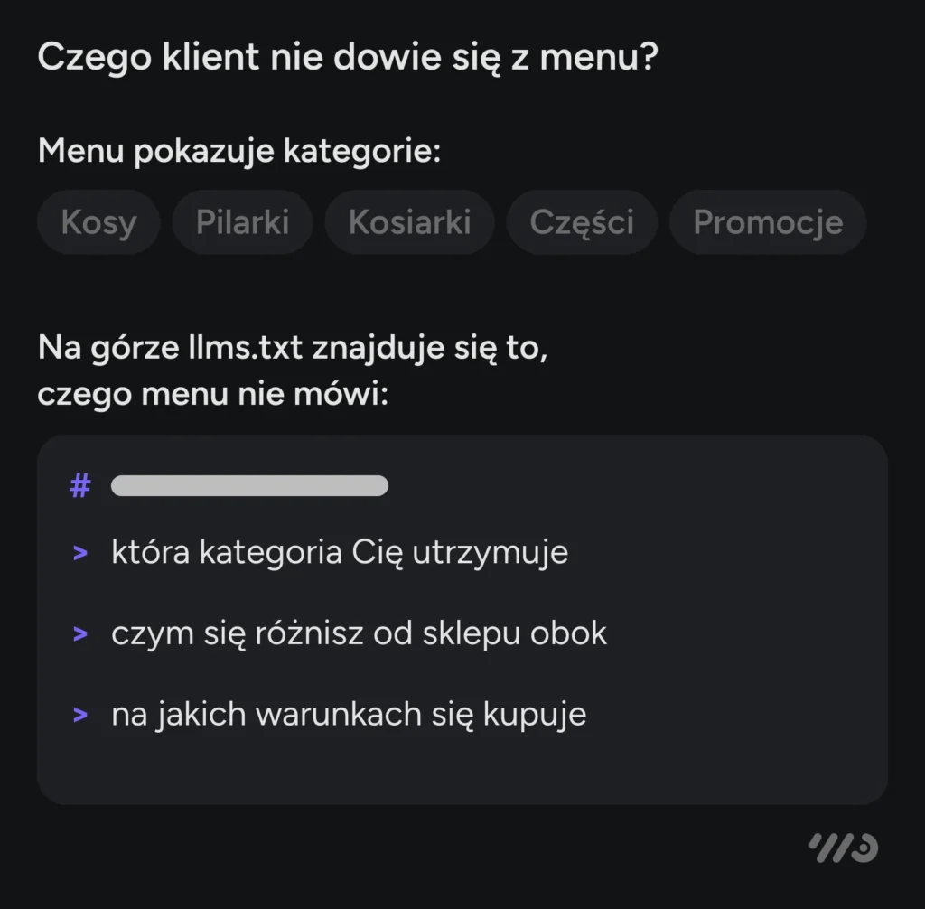 Menu sklepu pokazuje kategorie: kosy, pilarki, kosiarki, części, promocje. Na górze llms.txt znajduje się to, czego menu nie mówi: która kategoria Cię utrzymuje, czym się różnisz od sklepu obok i na jakich warunkach się kupuje.