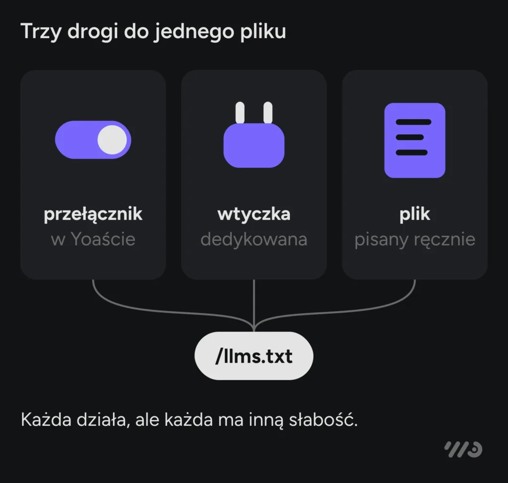 Trzy drogi do pliku /llms.txt w WooCommerce: przełącznik w Yoaście, dedykowana wtyczka albo plik pisany ręcznie. Każda działa, ale każda ma inną słabość.