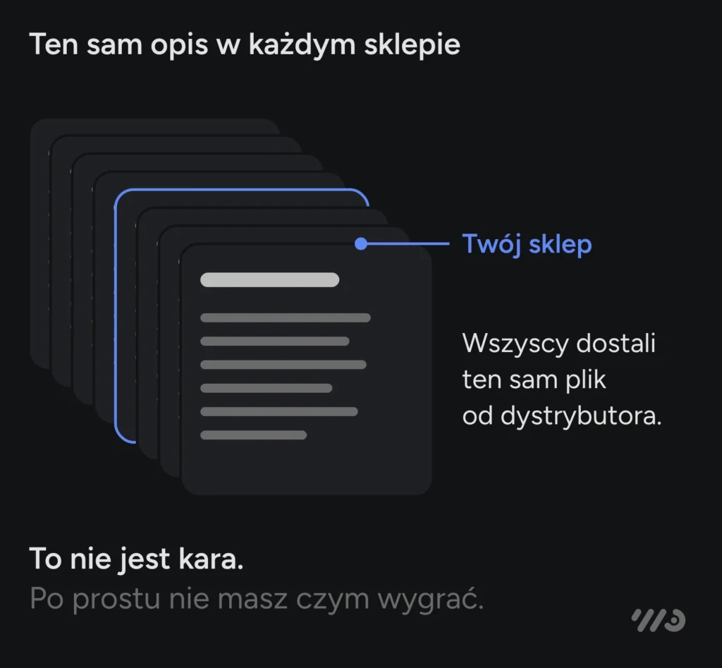 Ten sam opis w każdym sklepie: wszyscy sprzedawcy dostali ten sam plik od dystrybutora, Twój sklep też. To nie jest kara, po prostu nie masz czym wygrać.