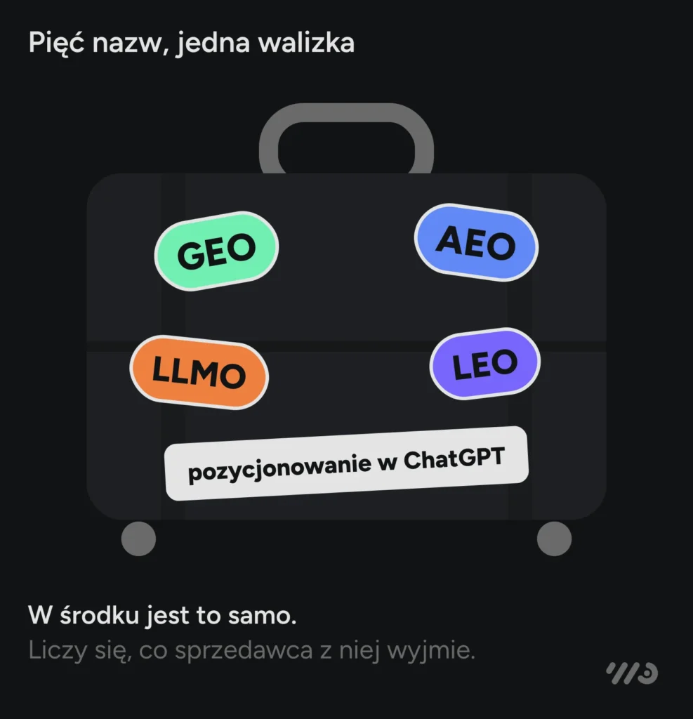 Pięć nazw, jedna walizka: GEO, AEO, LLMO, LEO i „pozycjonowanie w ChatGPT” to naklejki na tej samej usłudze. W środku jest to samo, liczy się, co sprzedawca z niej wyjmie.