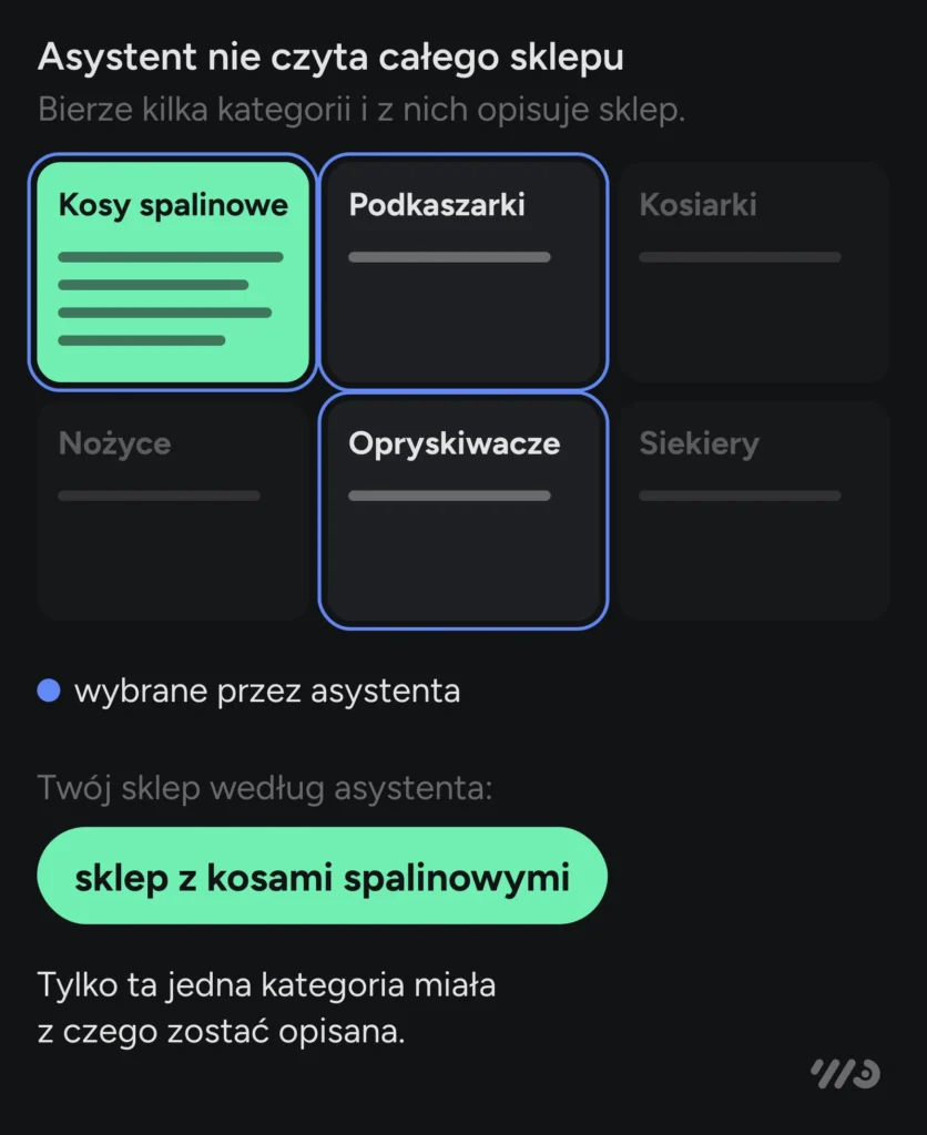 Asystent nie czyta całego sklepu: bierze kilka kategorii — tu kosy spalinowe, podkaszarki i opryskiwacze — i z nich opisuje sklep. Tylko kosy spalinowe miały porządny opis, więc według asystenta to sklep z kosami spalinowymi.